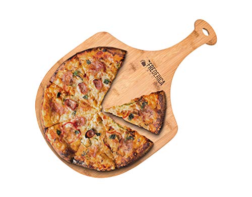 Natural bamboo pizza peel with a smooth, wide surface for handling and serving pizza and baked goods.
