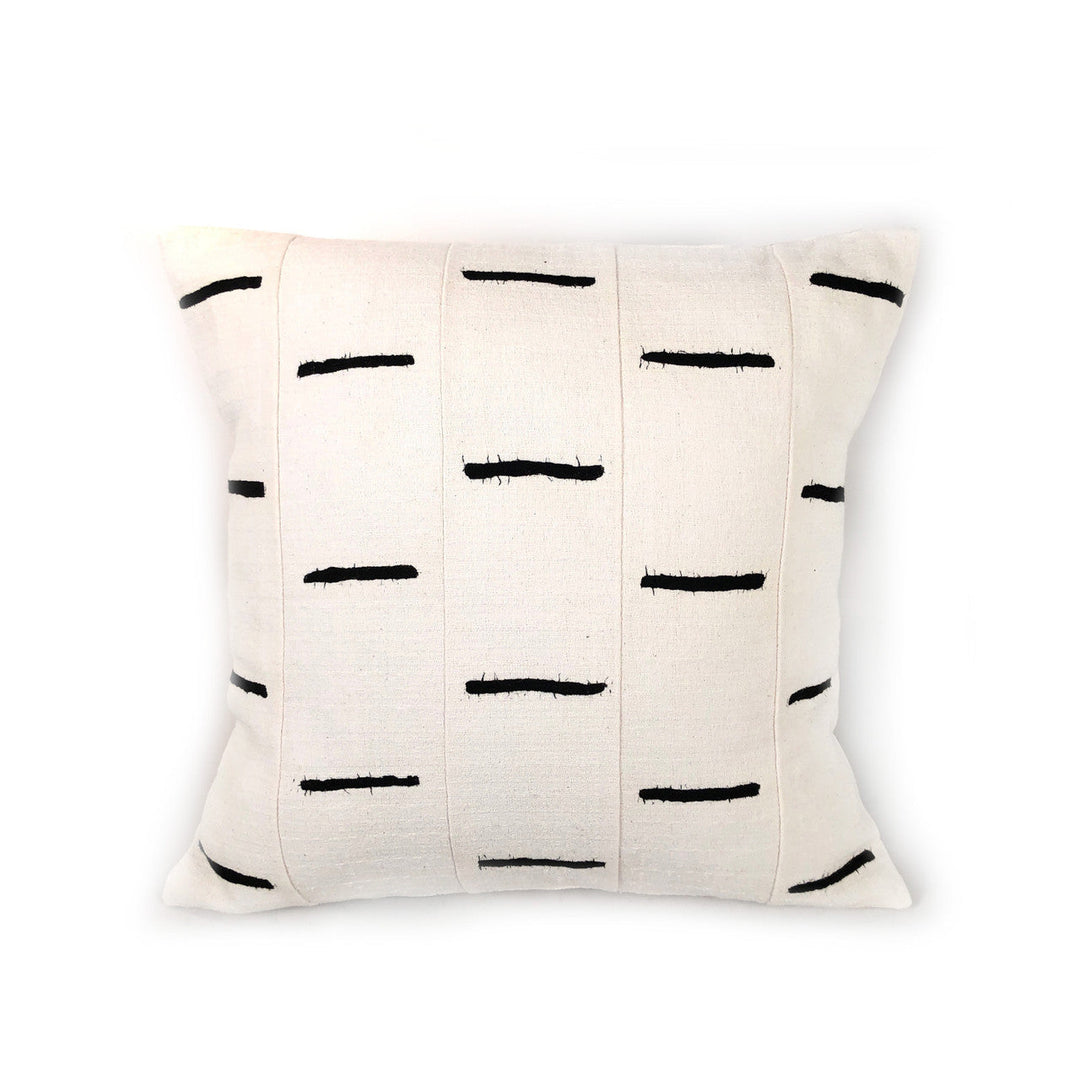 White cotton sadza pillow cover with a hand-painted dashes pattern, handwoven in Zimbabwe.