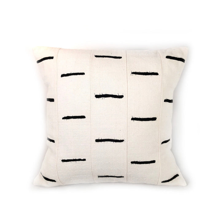 White cotton sadza pillow cover with a hand-painted dashes pattern, handwoven in Zimbabwe.