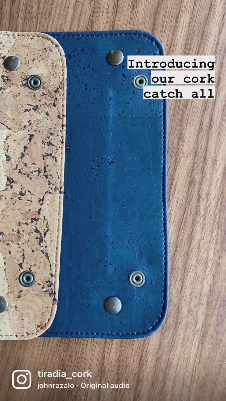 Cork catch-all tray for organizing keys, coins, and small essentials.