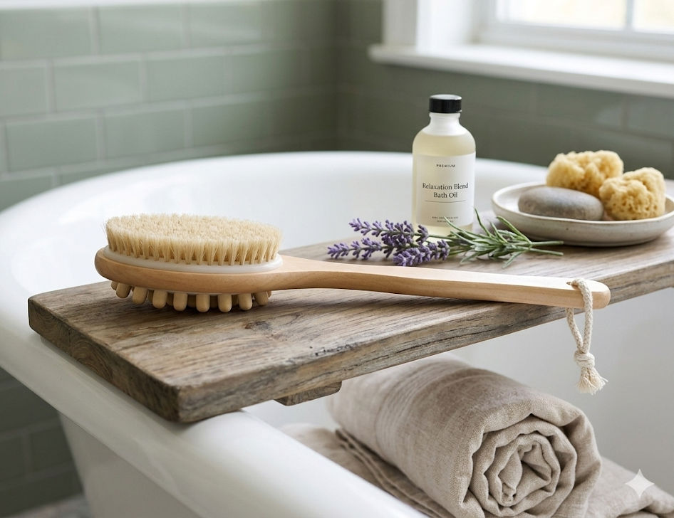 Natural boar bristle bath brush with long handle for exfoliating and cleansing skin during bathing.