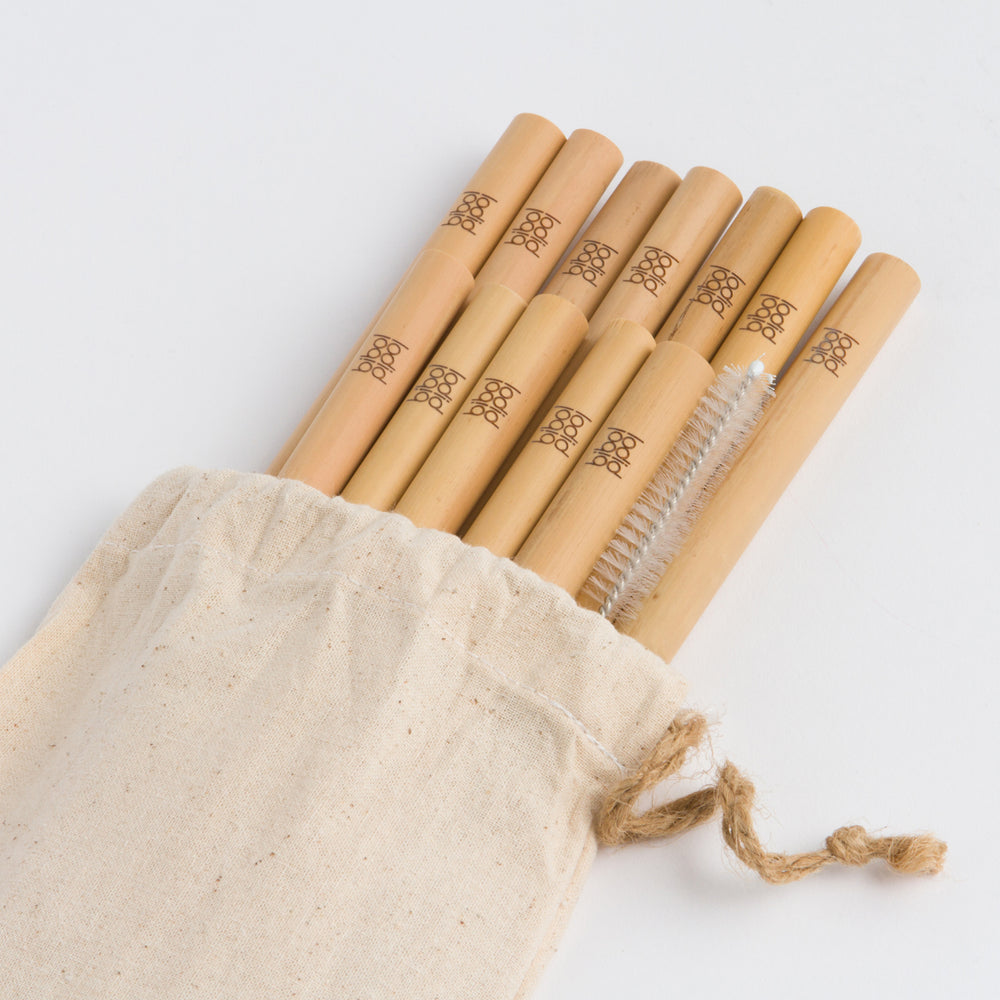 Set of 12 bamboo drinking straws with a cleaning brush.