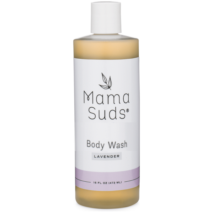 Lavender plant-based castile body wash in a clear pump bottle.