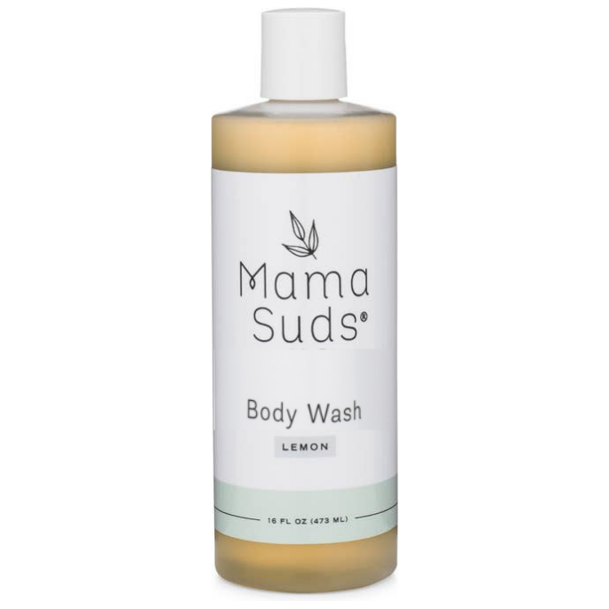 Lemon-scented plant-based castile body wash in a clear bottle.