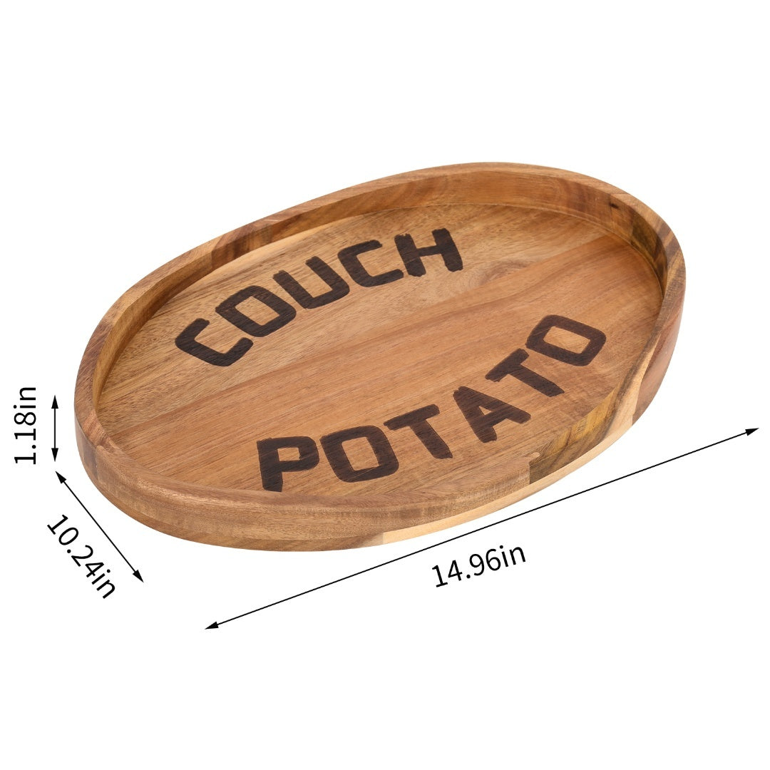 Couch Potato Clip-On Sofa Tray in acacia wood with metal clips, designed for holding snacks, drinks, or remote controls on a sofa.
