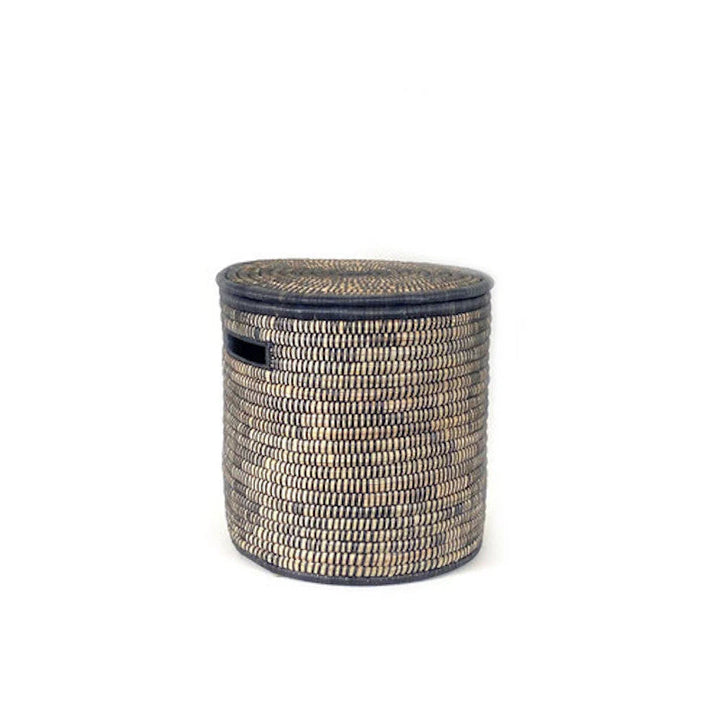 Large black and natural Malawi lidded basket with handwoven palm patterns.