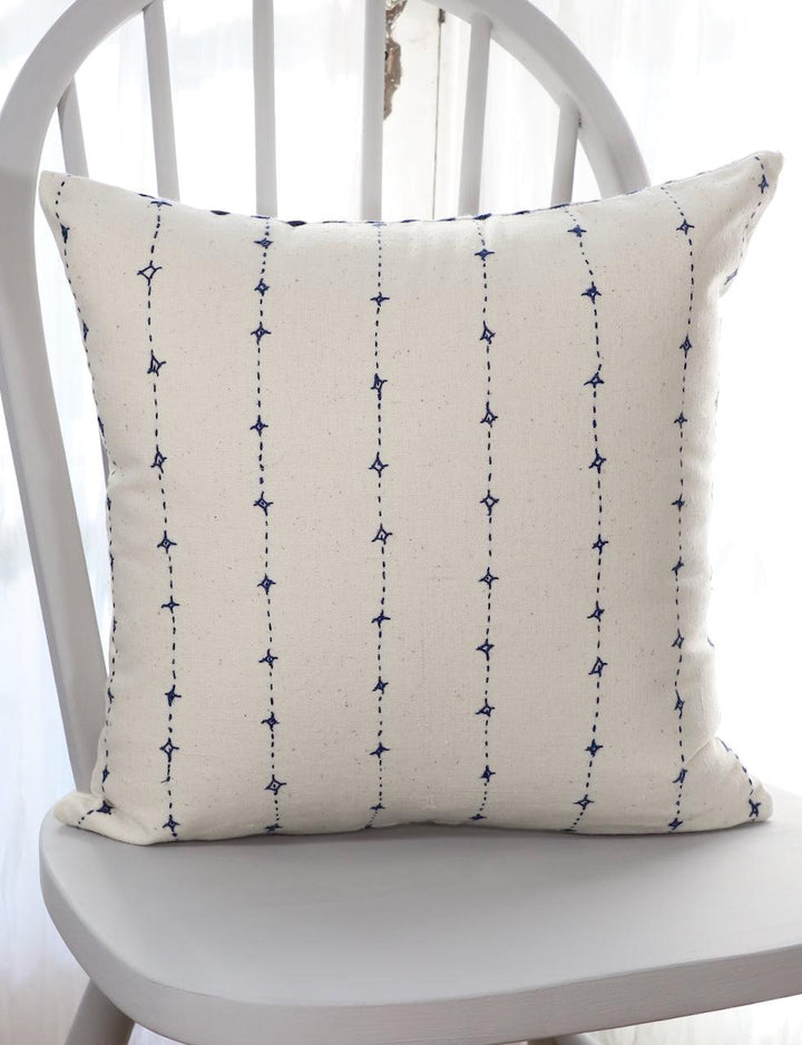 Blue and white striped cotton throw pillow cover.