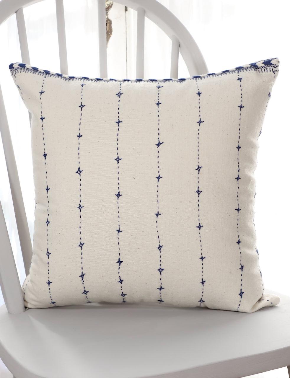 Blue and white striped cotton throw pillow cover, front view.