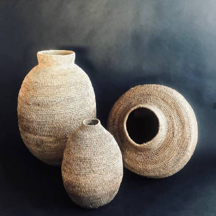 Round handwoven cane storage baskets with handles, natural color, from Zimbabwe&