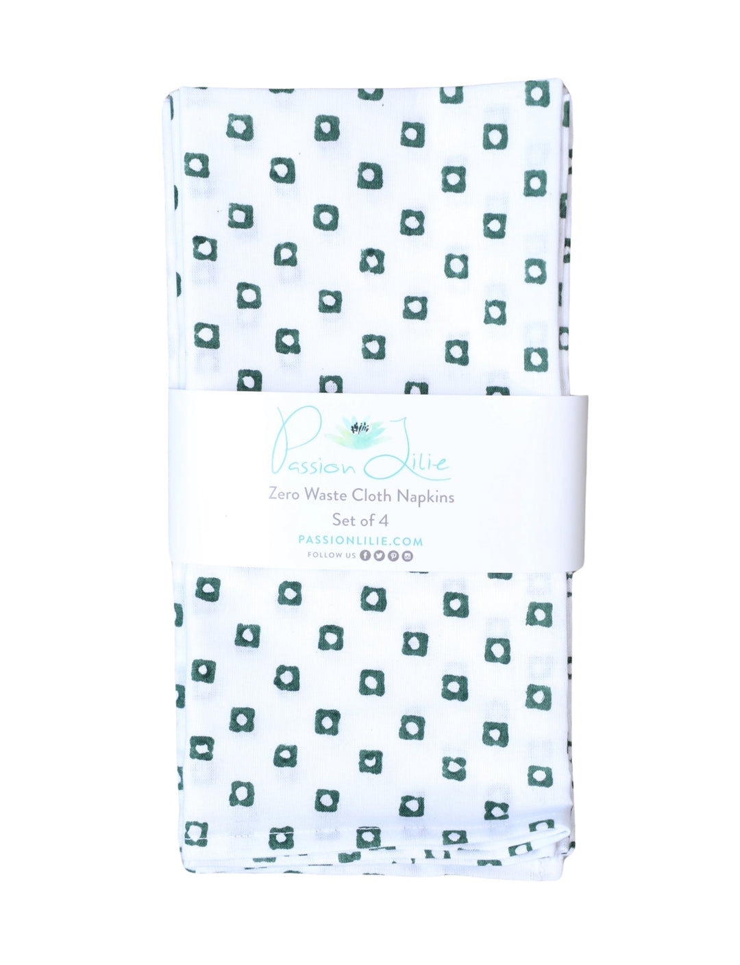 Set of four cotton napkins with a green square block print.