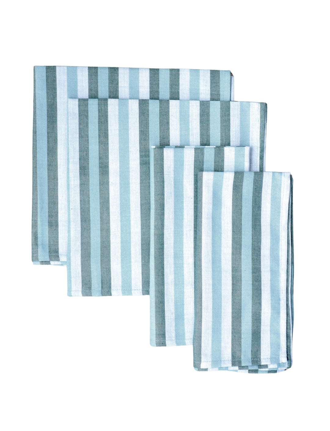 Set of four blue and white striped cotton napkins for dining or decor.