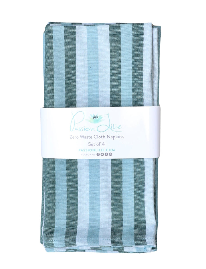 Set of four blue and white striped cotton napkins.