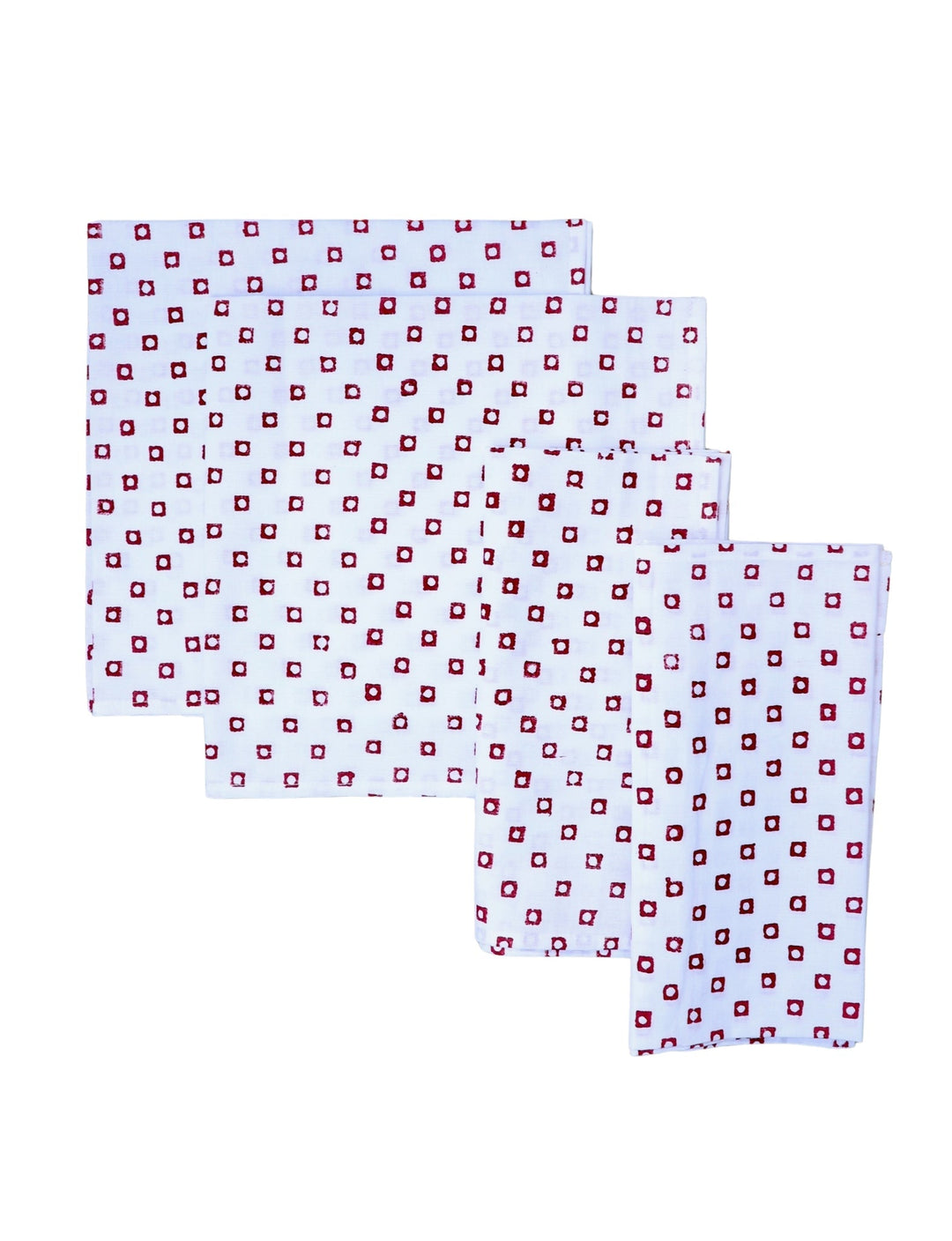 Set of four cotton napkins with a red square block print.