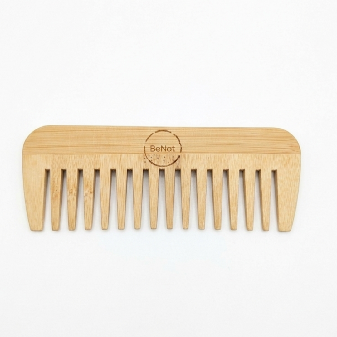 White natural bamboo hair comb for detangling, featuring smooth teeth and eco-friendly bamboo material.