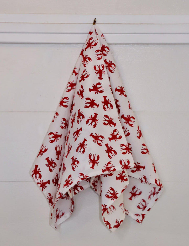 Crawfish cotton tea towel, hand block printed.