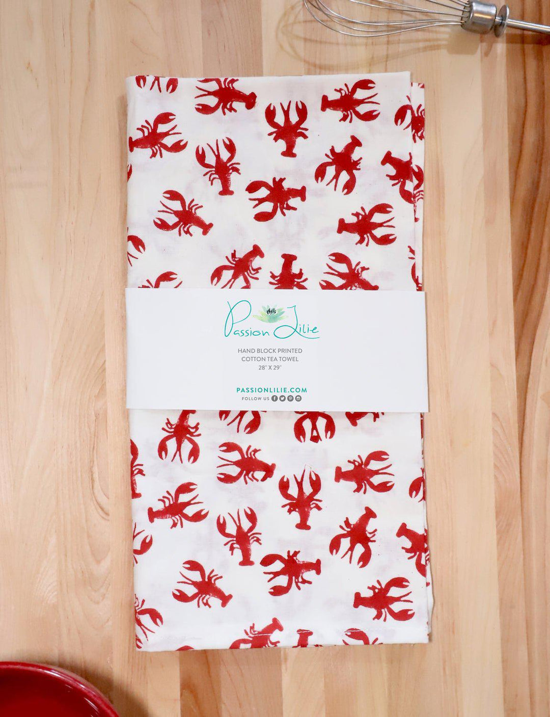 Crawfish cotton tea towel, hand block printed with a Louisiana crawfish design.