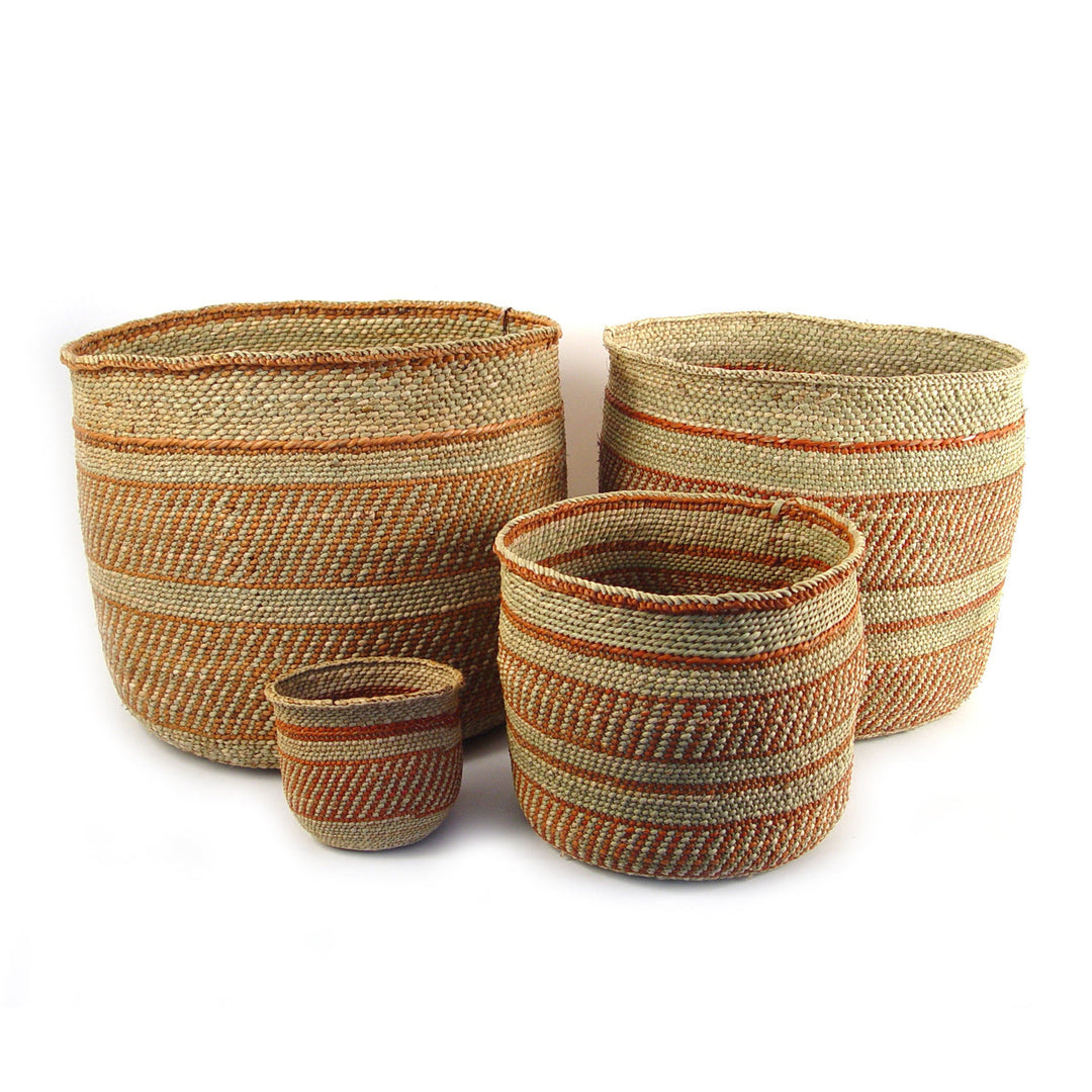 Handwoven auburn stripe Iringa basket with a vibrant striped pattern.