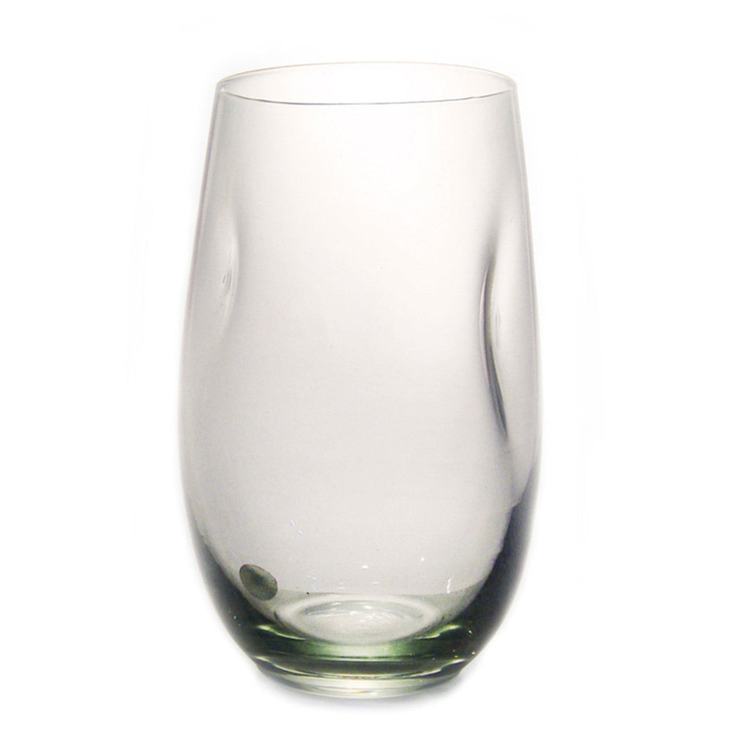 Dented water glass in recycled glass with finger dents for grip, hand-blown in Eswatini.