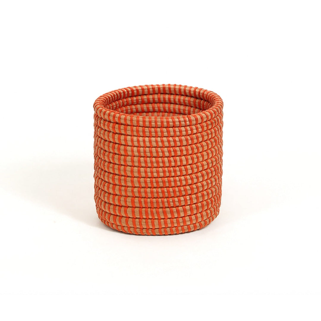 Small handwoven basket planter with succulents arranged inside.