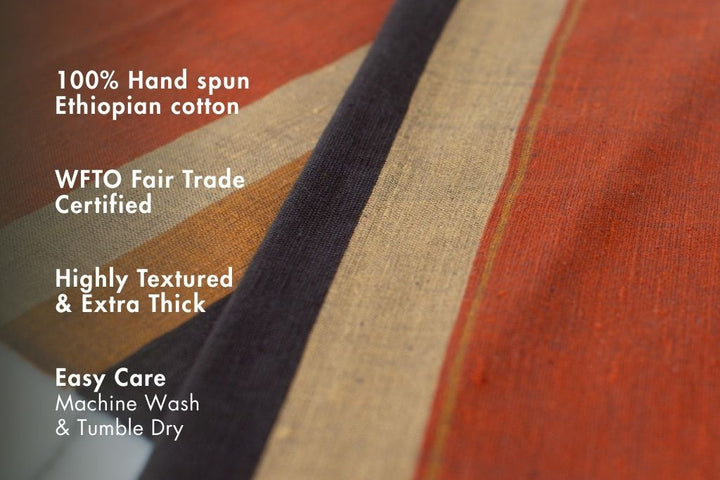 Copper table runner with key features: hand-spun Ethiopian cotton, WFTO Fair Trade, highly textured and extra thick, machine washable