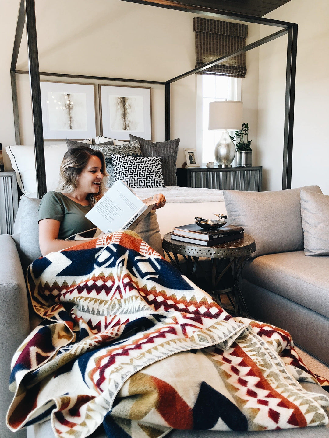 Handwoven Awa Vibrant Autumn blanket in rust, burgundy, navy, and olive on cream.