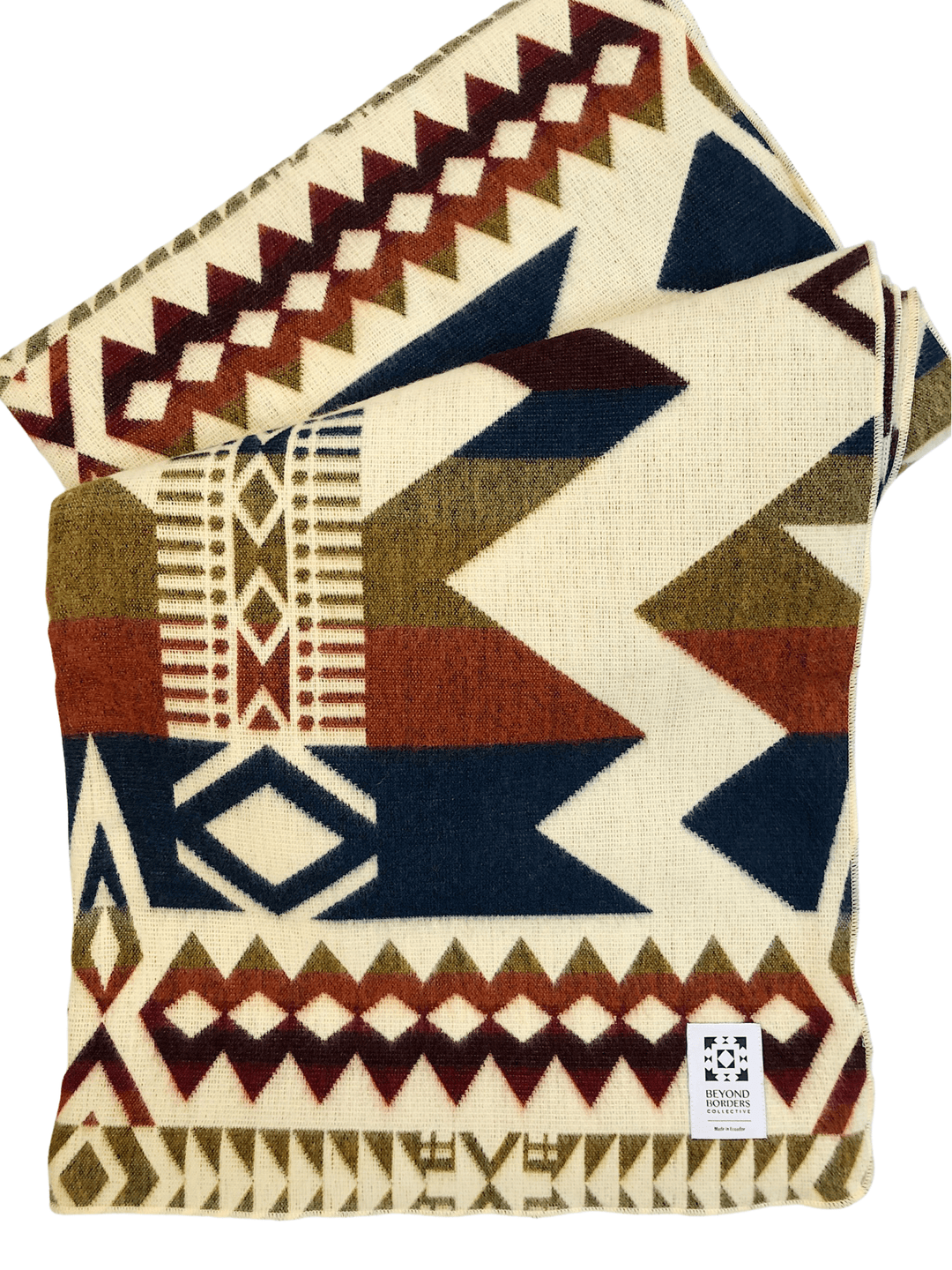 Awa Vibrant Autumn Andean throw blanket in rust, burgundy, and olive-green on cream.