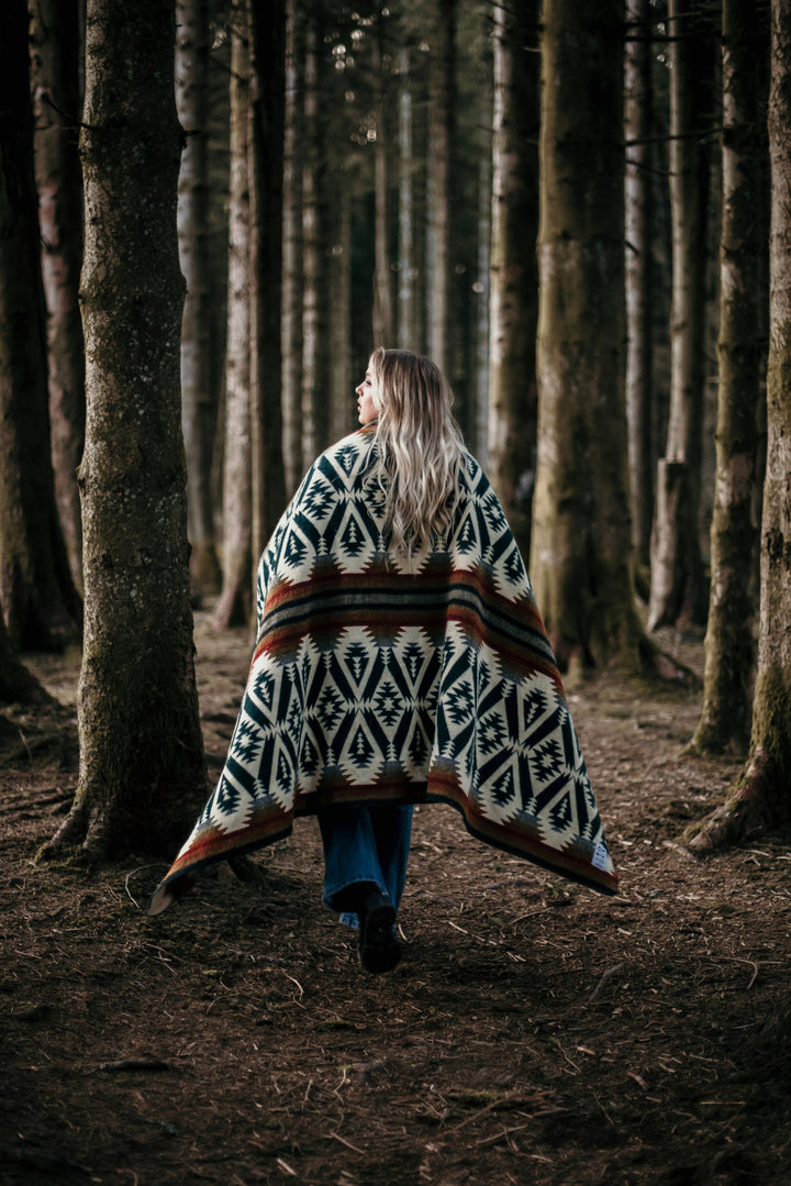 Evergreen Autumn throw blanket showing green and copper diamond patterning on cream.