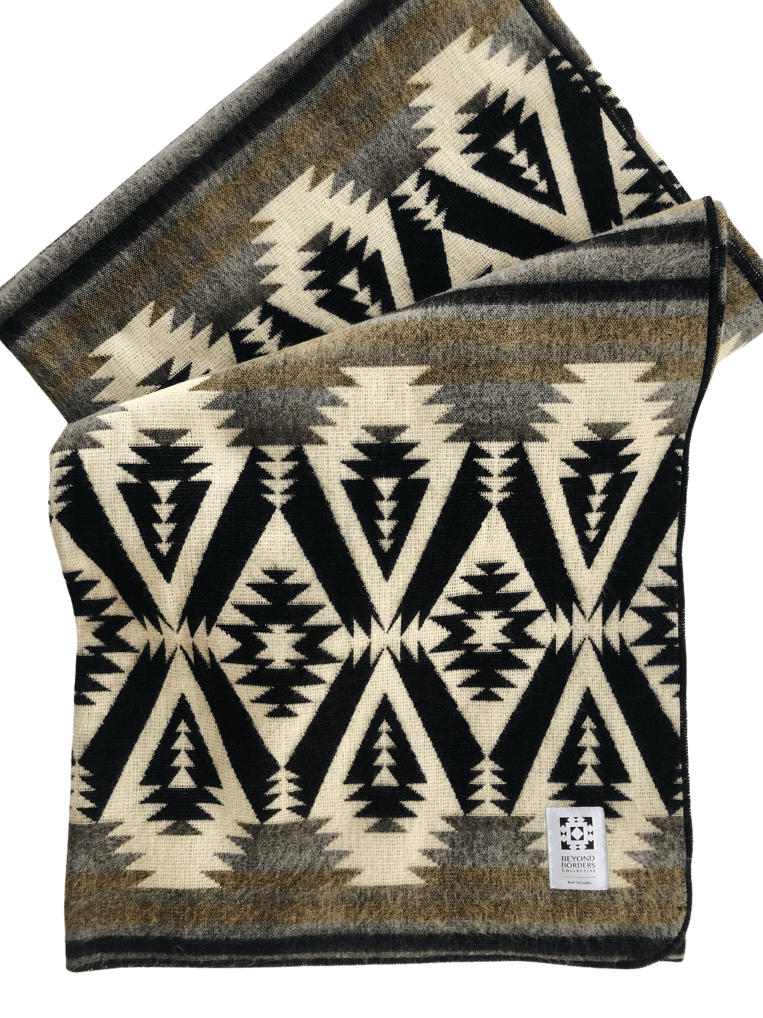 Handwoven Andean throw blanket in black with grey and olive geometric pattern on cream.