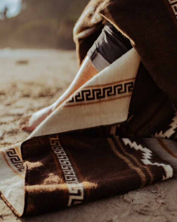 Brown and cream Shuar throw blanket, 92 by 78 inches, made in Ecuador.