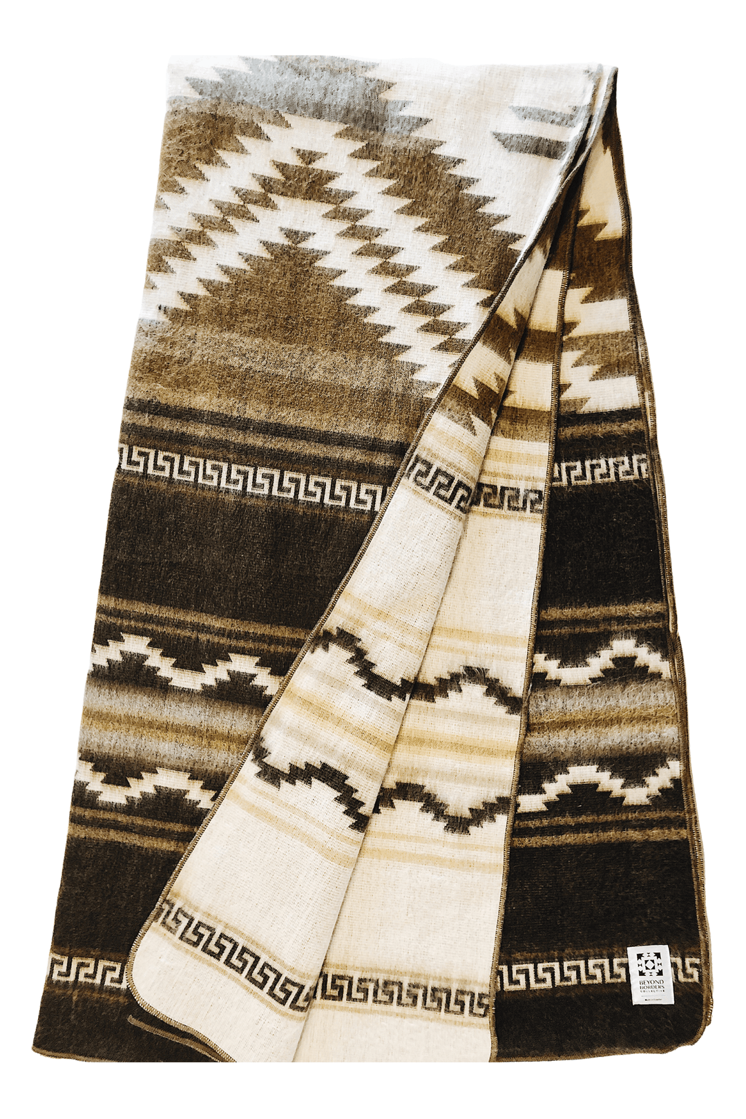 Shuar Dusty Brown Andean blanket in chocolate, tan, and cream with stepped diamonds and Greek-key borders.