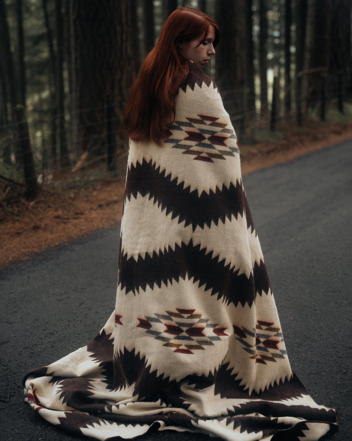Handwoven Tsachila Chocolate blanket in cream and brown with rust and mustard accents.