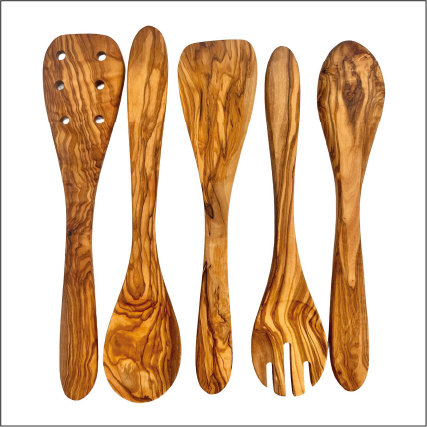 Olive wood kitchen utensil set with five natural-colored spoons and spatulas for cooking and serving.