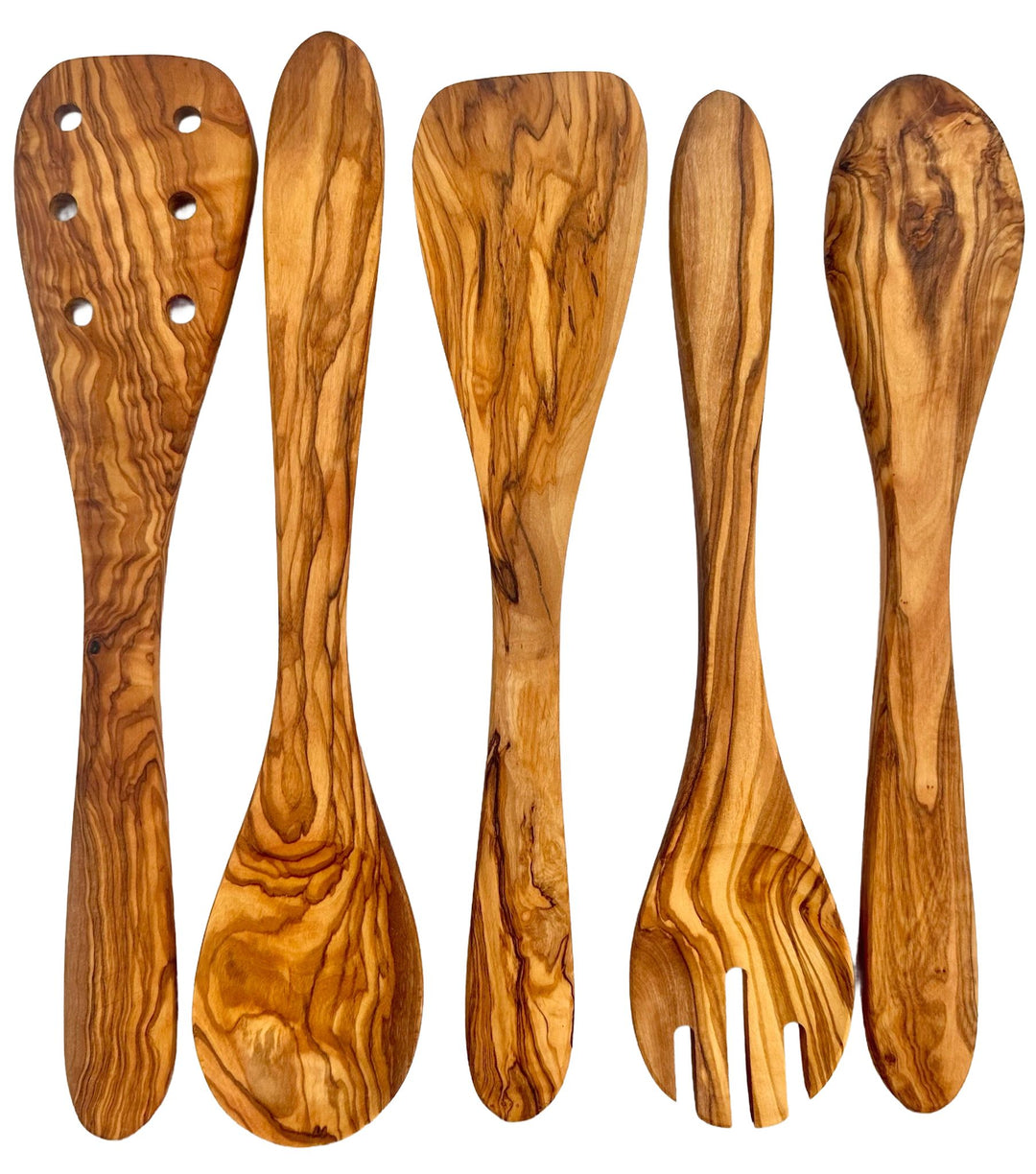 Olive wood kitchen utensil set with 5 pieces, including spoons and spatulas, featuring natural wood grain and ergonomic handles.