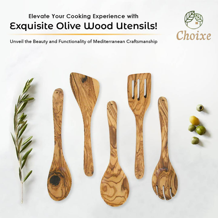 Olive wood kitchen utensil set with five serving tools, featuring natural wood handles and a smooth finish.