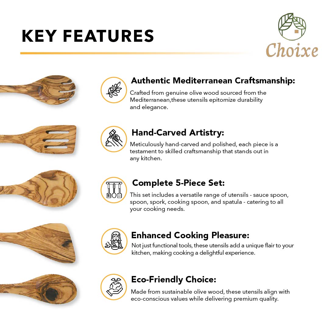 Olive wood kitchen utensil set with five serving spoons and spatulas, natural wood finish, ideal for cooking and serving.