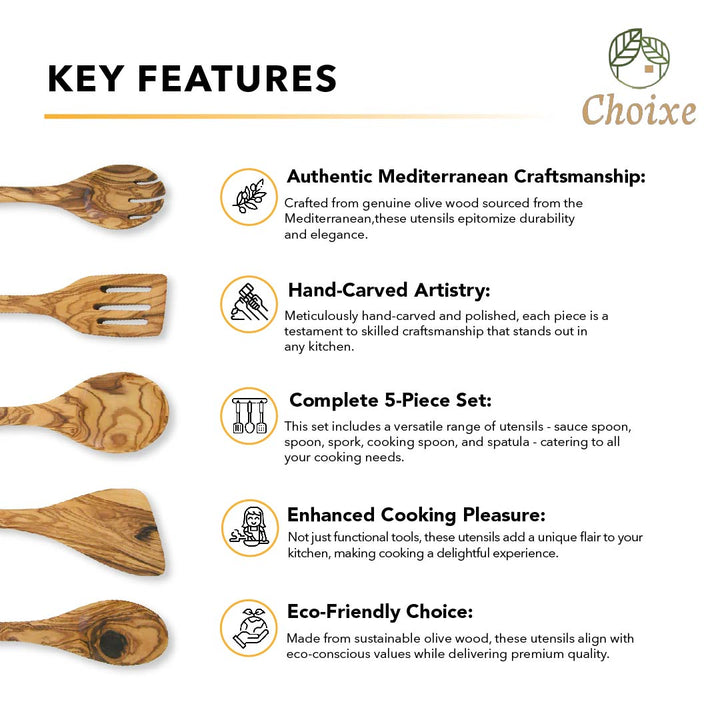 Olive wood kitchen utensil set with five serving spoons and spatulas, natural wood finish, ideal for cooking and serving.