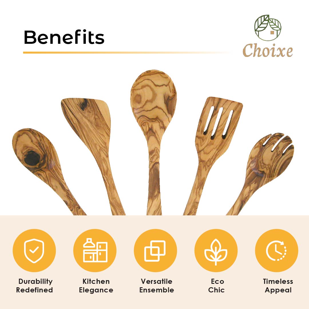 Olive wood kitchen utensil set with five pieces, including spoons and spatulas, showing natural wood grain and craftsmanship.