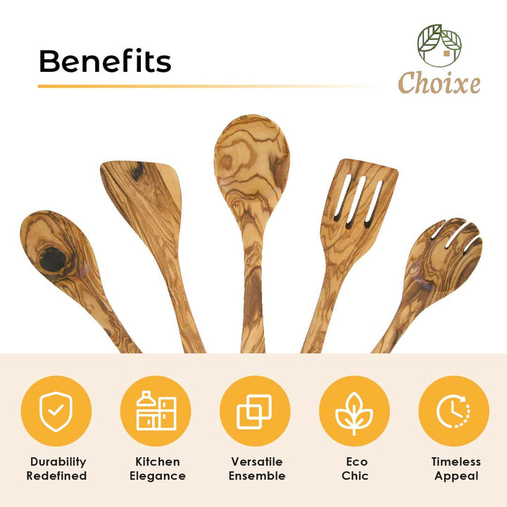 Olive wood kitchen utensil set with five pieces, including spoons and spatulas, showing natural wood grain and craftsmanship.