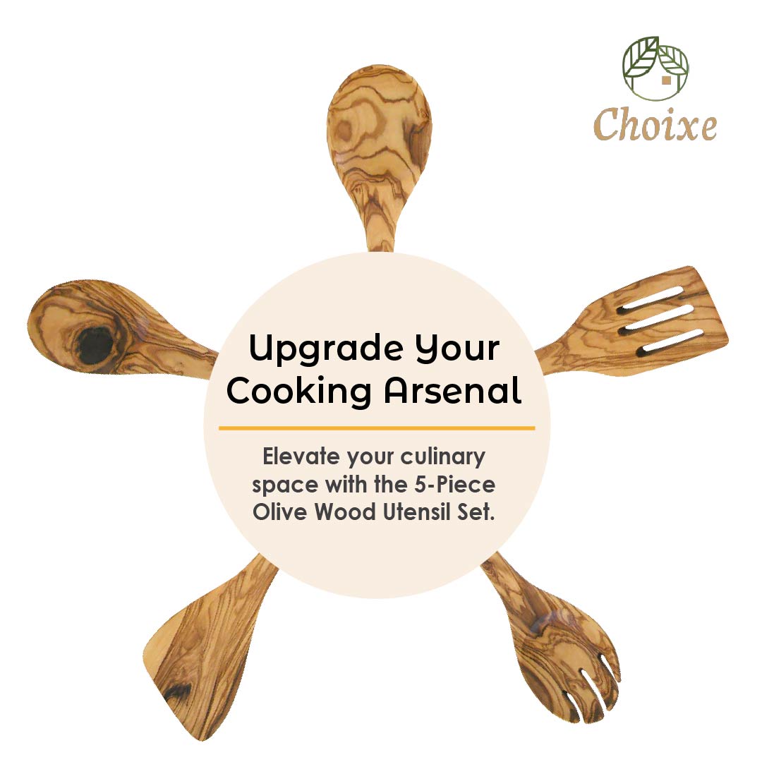 Olive wood kitchen utensil set with five pieces including serving spoons and spatulas, hand-carved.