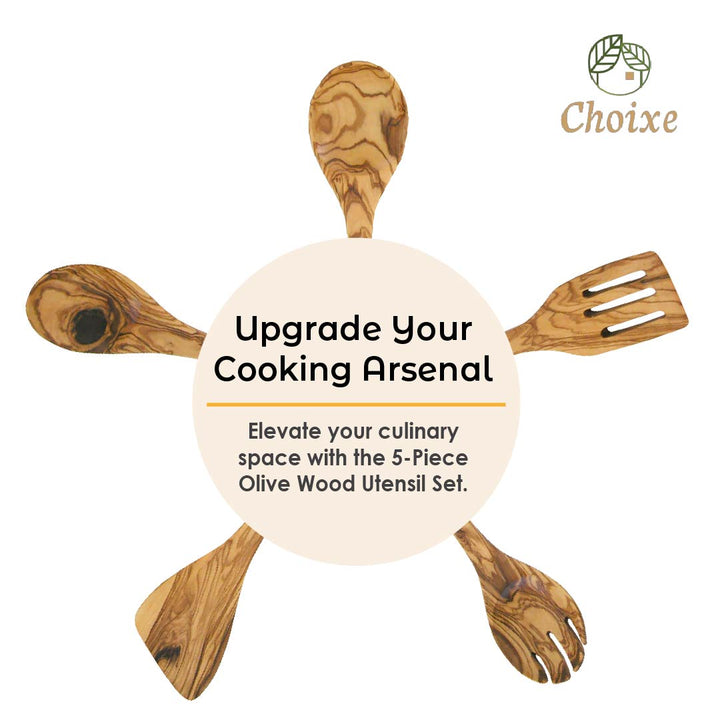 Olive wood kitchen utensil set with five pieces including serving spoons and spatulas, hand-carved.