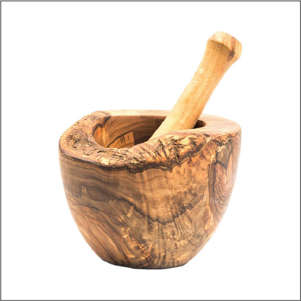 Handcarved olive wood mortar and pestle set for grinding herbs and spices