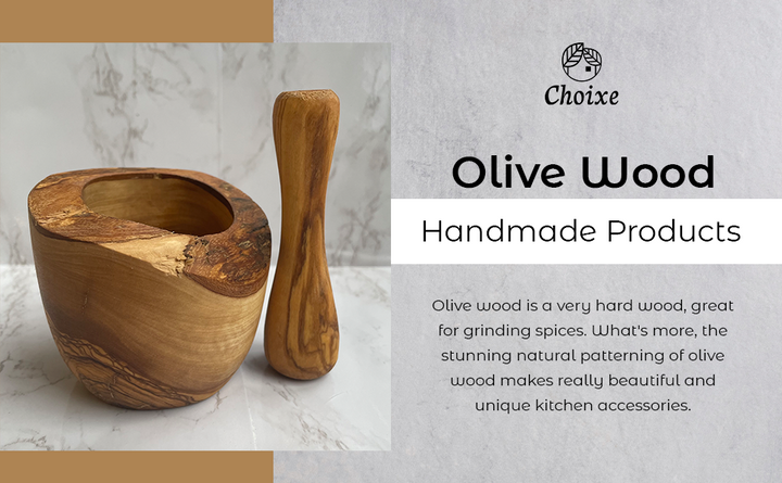 Rustic olive wood mortar and pestle, textured natural surface