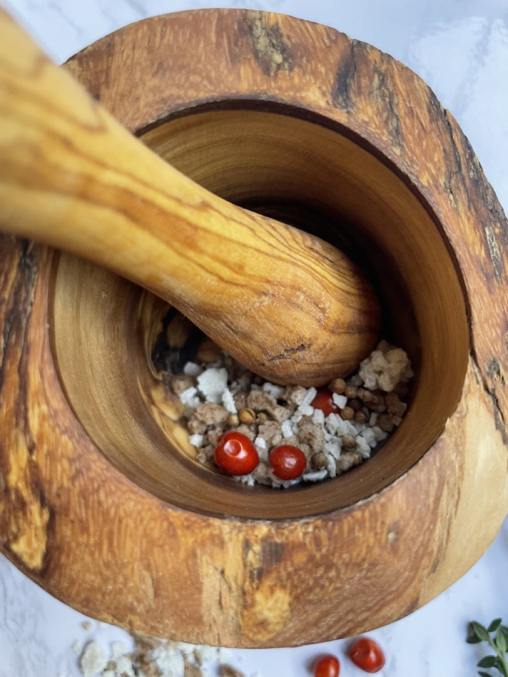 Olive wood mortar and pestle with rich natural grain, 6-inch diameter