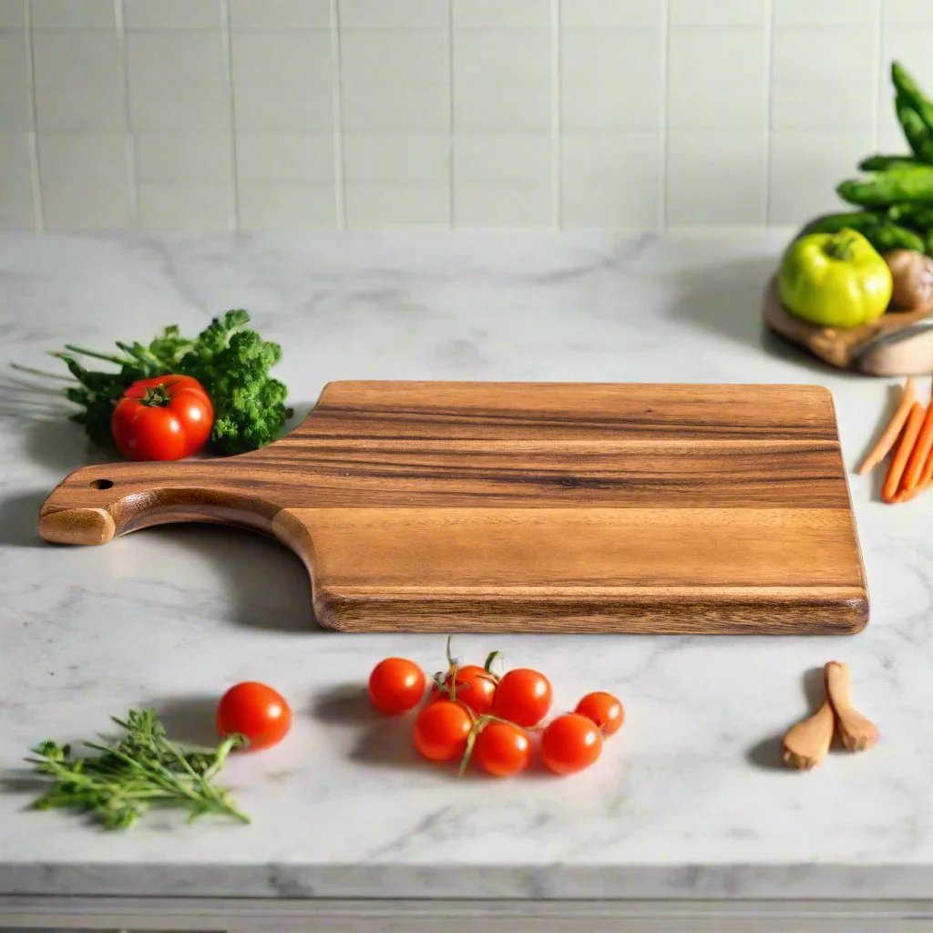 Acacia wood cutting board with a shaped handle and rounded edges, smooth natural surface.
