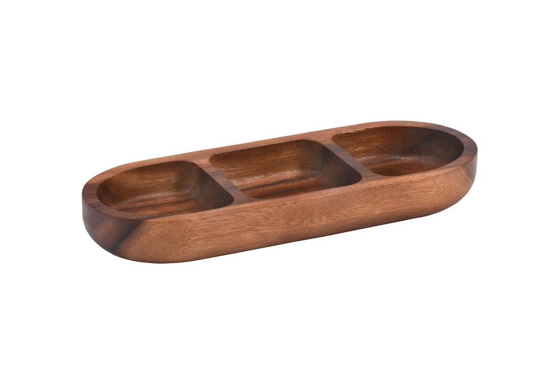 Acacia wood three-compartment candy and nut tray with separate sections for snacks.
