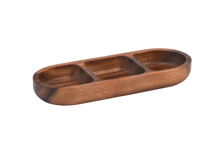 Acacia wood three-compartment candy and nut tray with separate sections for snacks.