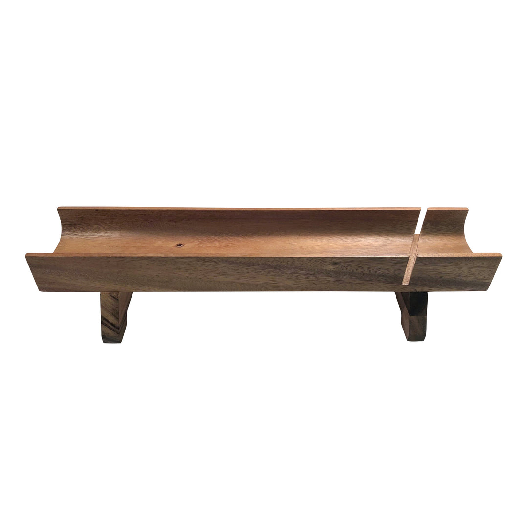 Acacia wood French bread slicer with a raised slotted top for even slicing.