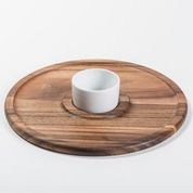 Acacia wood chip and dip serving set with a center ceramic bowl, natural finish.