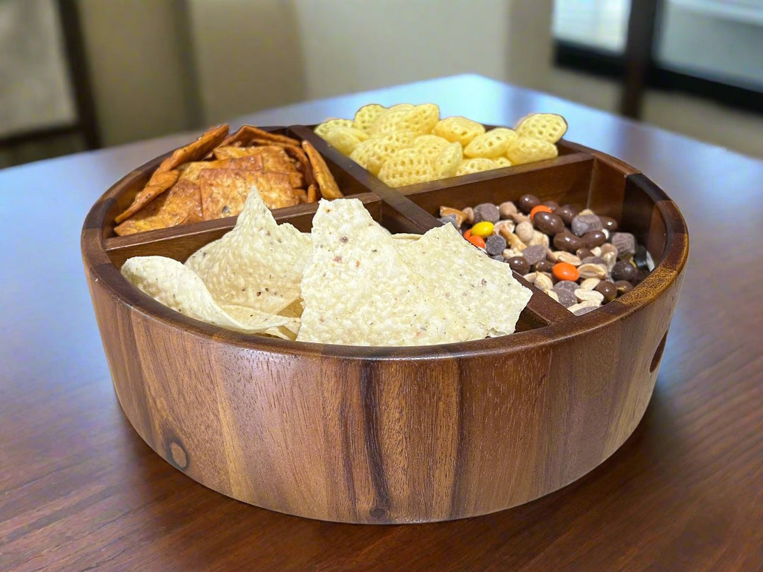 Acacia wood rotating lazy Susan divided tray with sections for food and condiments.