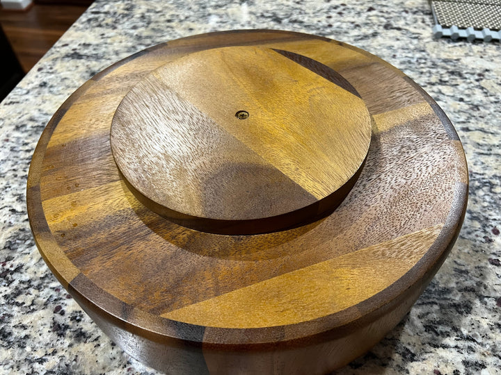 Acacia wood rotating lazy Susan divided tray, round serving design.